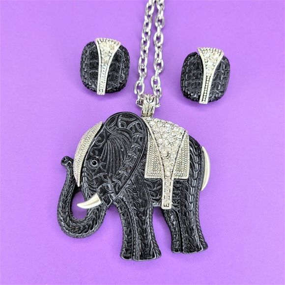Rhinestone Black Elephant Pendant Necklace with matching Earrings - Picture 2 of 6
